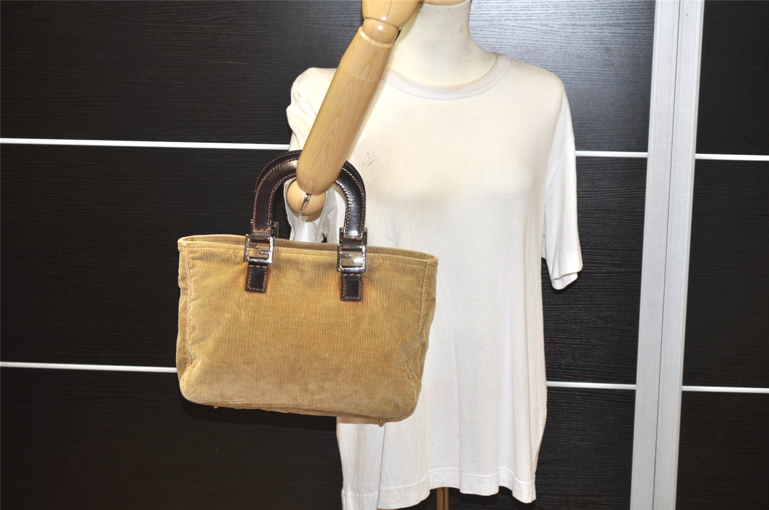 Authentic FENDI Vintage Corduroy Leather Tote Hand Bag Beige Khaki 3190K