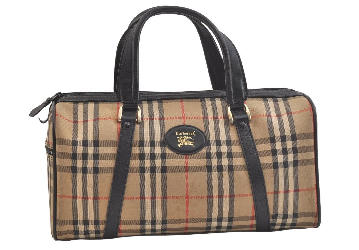 Authentic Burberrys Nova Check Canvas Leather Hand Boston Bag Beige 3195K