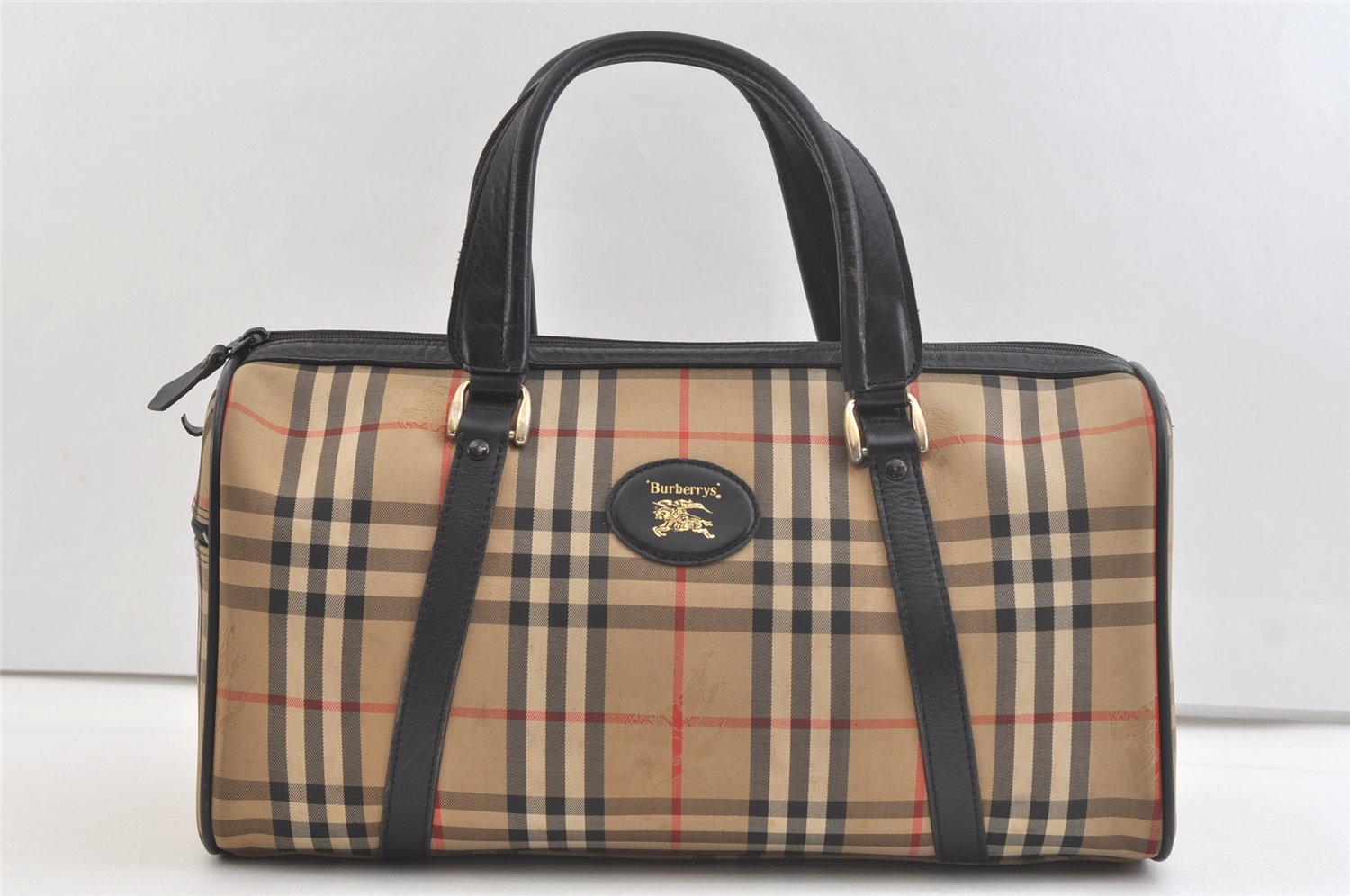 Authentic Burberrys Nova Check Canvas Leather Hand Boston Bag Beige 3195K