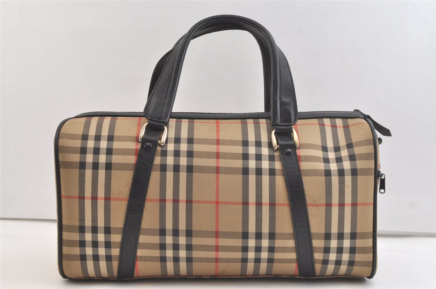 Authentic Burberrys Nova Check Canvas Leather Hand Boston Bag Beige 3195K