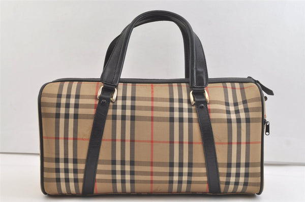 Authentic Burberrys Nova Check Canvas Leather Hand Boston Bag Beige 3195K