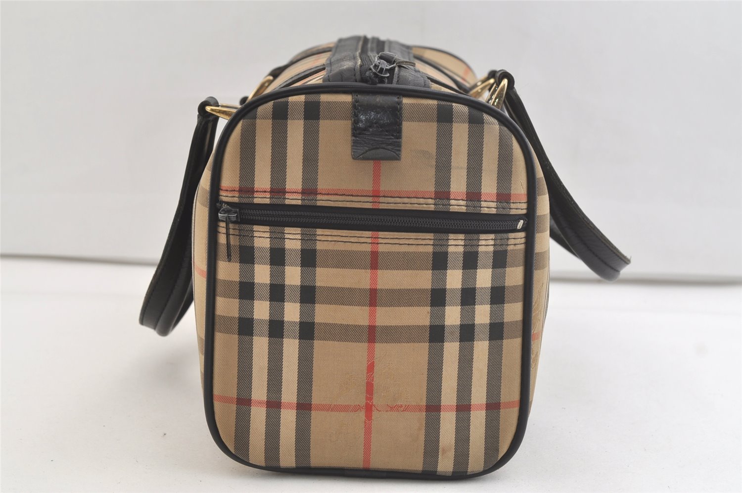 Authentic Burberrys Nova Check Canvas Leather Hand Boston Bag Beige 3195K