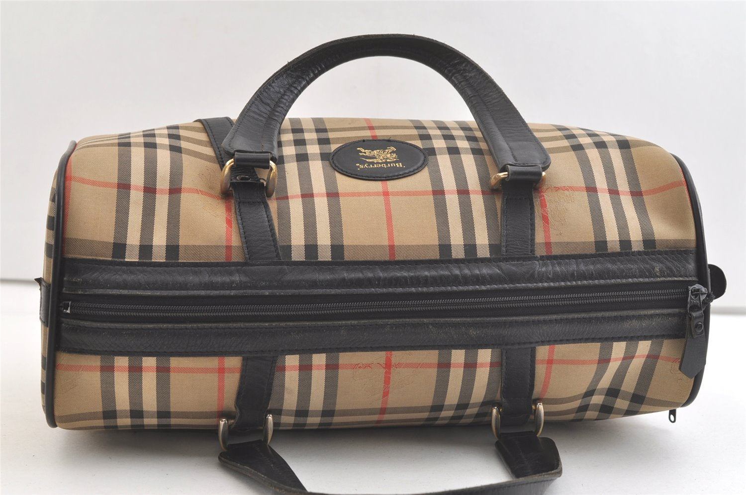 Authentic Burberrys Nova Check Canvas Leather Hand Boston Bag Beige 3195K