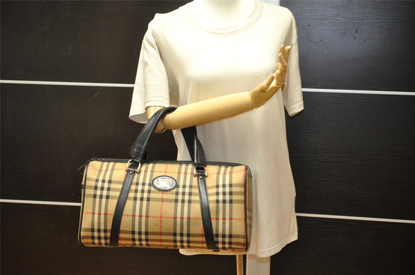 Authentic Burberrys Nova Check Canvas Leather Hand Boston Bag Beige 3195K
