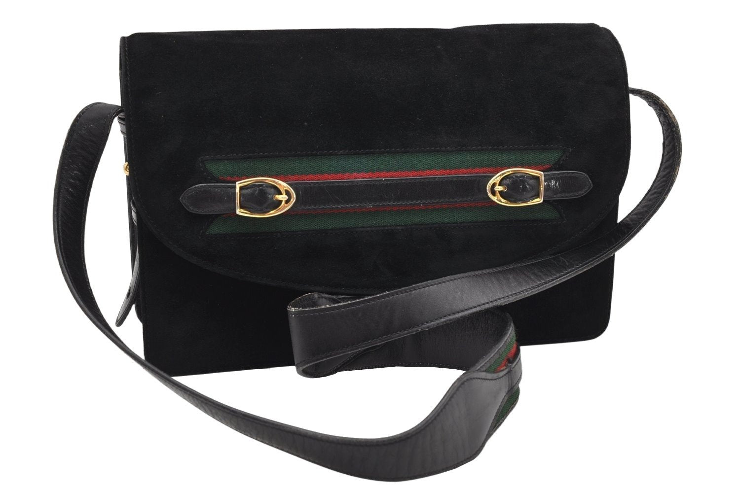 Authentic GUCCI Web Sherry Line Shoulder Cross Bag Suede Leather Black 3196K