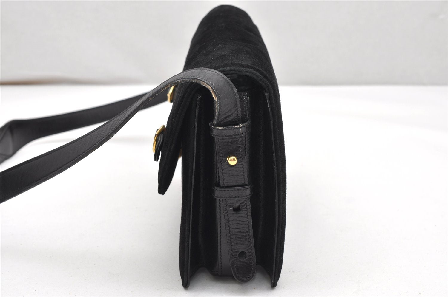 Authentic GUCCI Web Sherry Line Shoulder Cross Bag Suede Leather Black 3196K