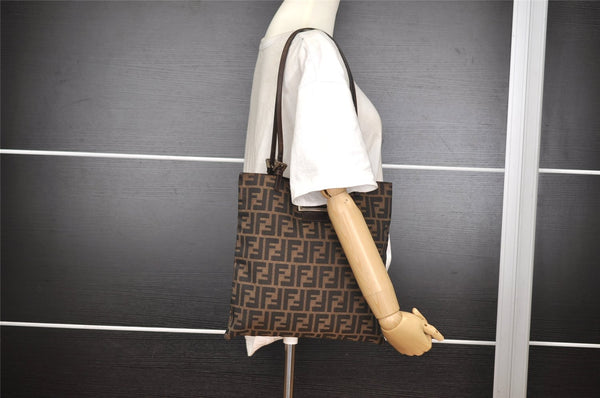 Authentic FENDI Zucca Vintage Shoulder Tote Bag Canvas Leather Brown Black 3201I
