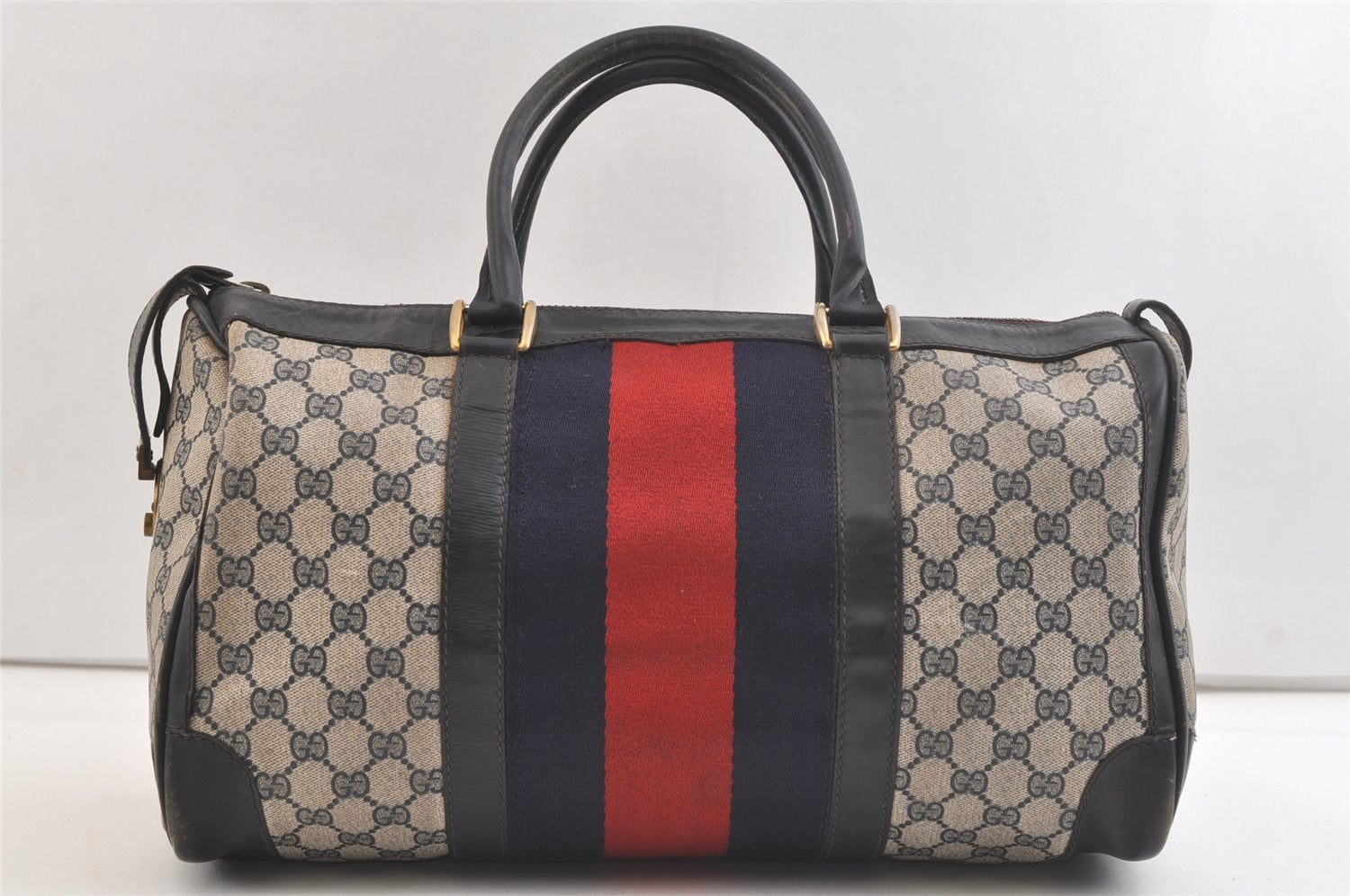 Authentic GUCCI Sherry Line Hand Boston Bag GG PVC Leather Navy Blue 3202K