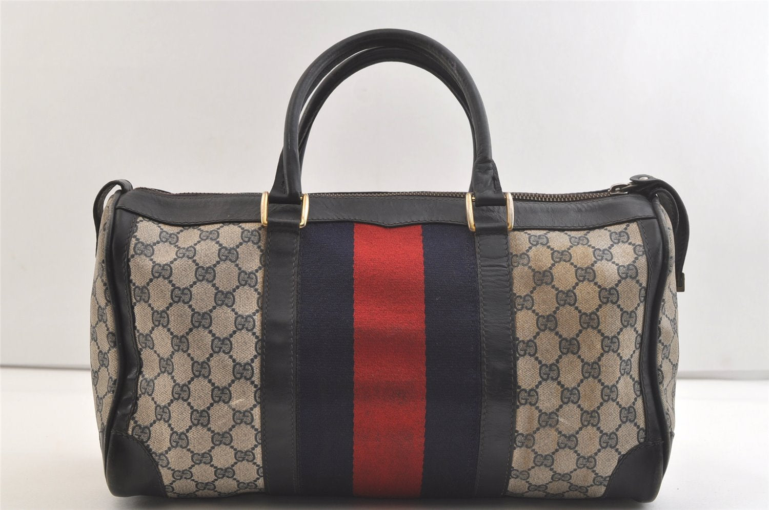 Authentic GUCCI Sherry Line Hand Boston Bag GG PVC Leather Navy Blue 3202K