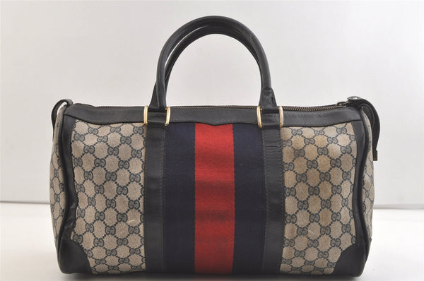 Authentic GUCCI Sherry Line Hand Boston Bag GG PVC Leather Navy Blue 3202K