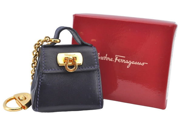 Authentic Salvatore Ferragamo Mini Gancini Bag Charm Leather Navy Blue Box 3211I