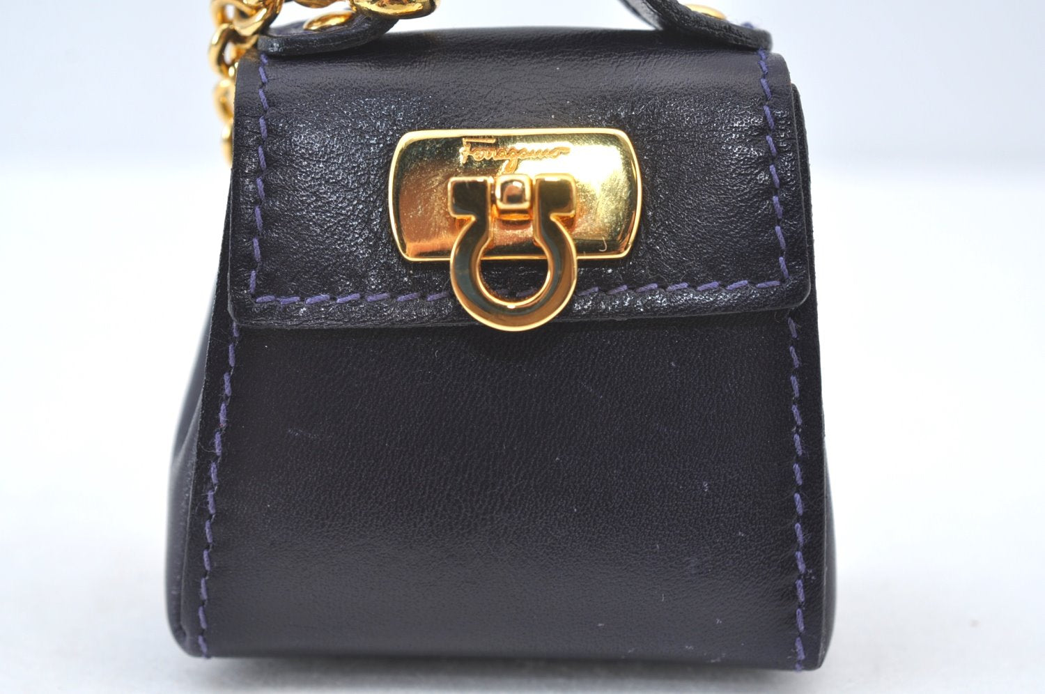 Authentic Salvatore Ferragamo Mini Gancini Bag Charm Leather Navy Blue Box 3211I