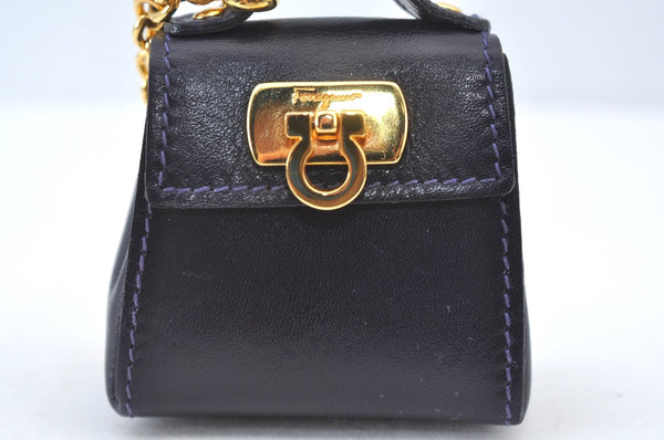 Authentic Salvatore Ferragamo Mini Gancini Bag Charm Leather Navy Blue Box 3211I