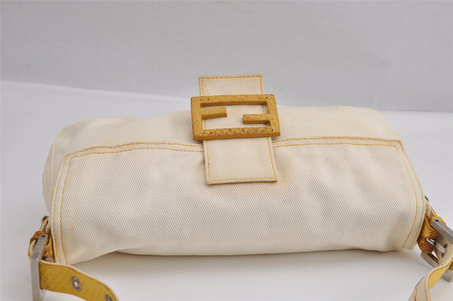 Authentic FENDI Mamma Baguette Shoulder Hand Bag Canvas Leather White 3211J