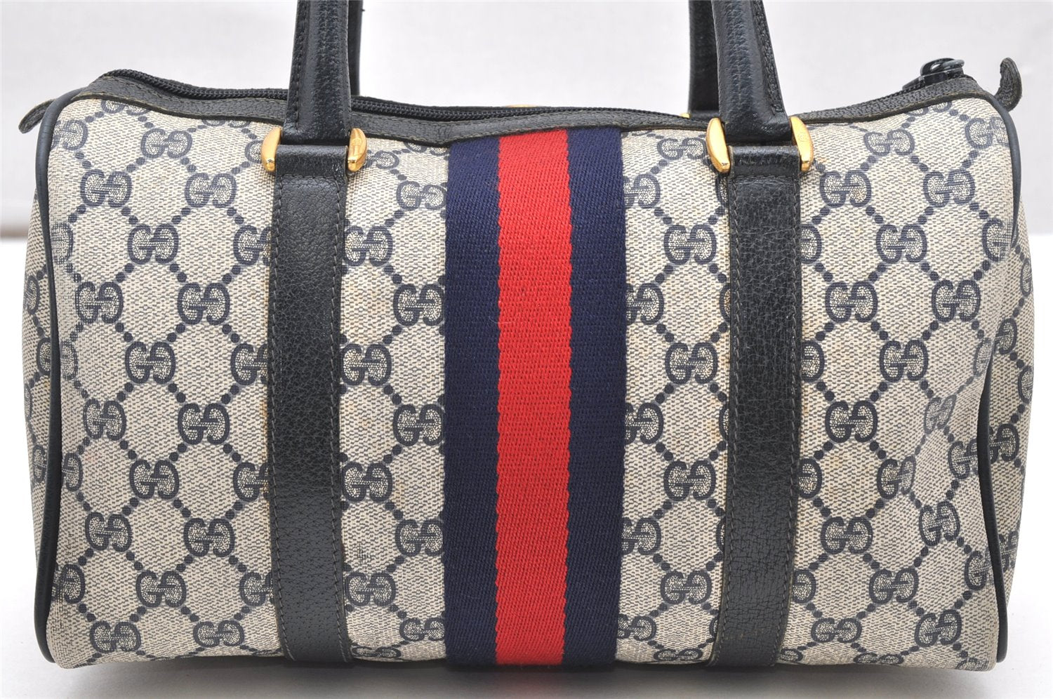 Authentic GUCCI Sherry Line Hand Boston Bag Purse GG PVC Leather Navy Blue 3211K