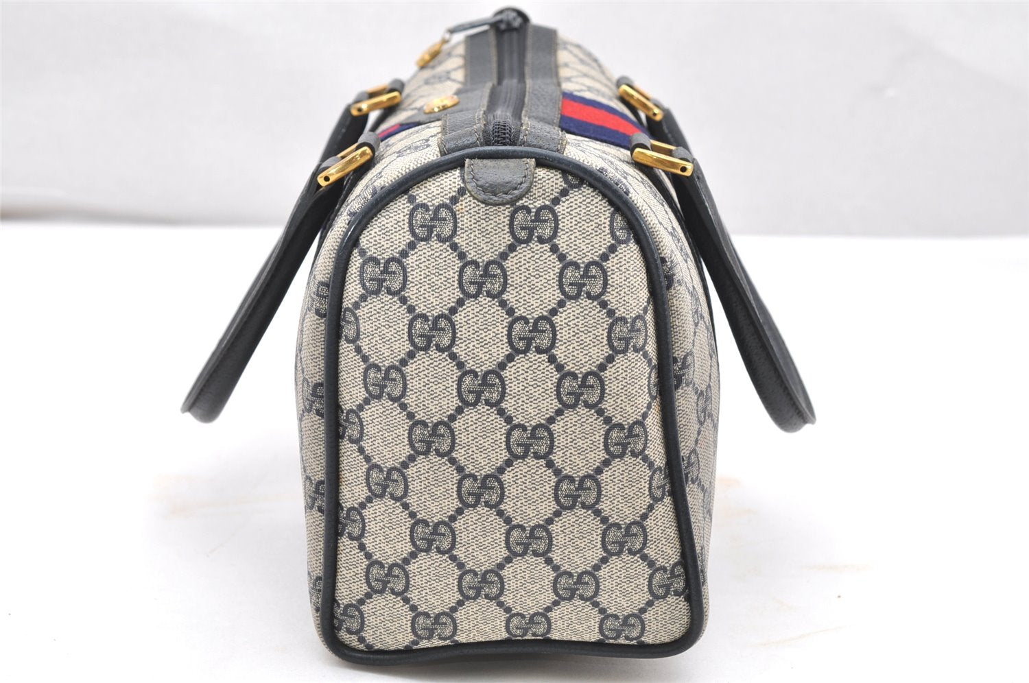 Authentic GUCCI Sherry Line Hand Boston Bag Purse GG PVC Leather Navy Blue 3211K