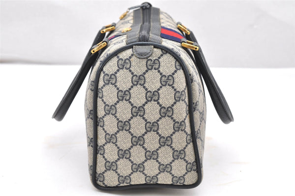 Authentic GUCCI Sherry Line Hand Boston Bag Purse GG PVC Leather Navy Blue 3211K