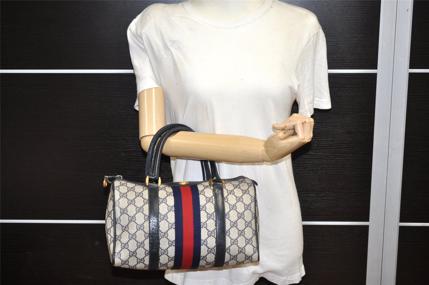 Authentic GUCCI Sherry Line Hand Boston Bag Purse GG PVC Leather Navy Blue 3211K