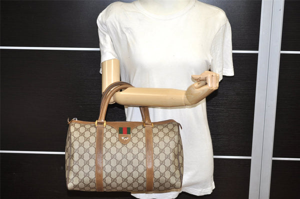 Authentic GUCCI Web Sherry Line Hand Boston Bag GG PVC Leather Brown 3214K