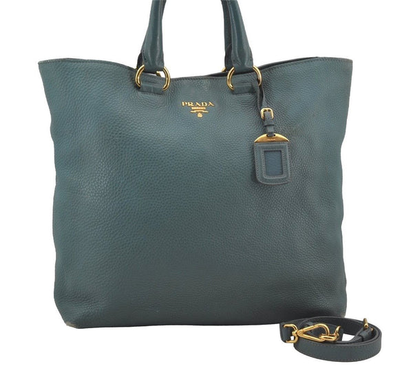 Authentic PRADA Vintage Leather 2Way Shoulder Tote Bag Blue 3221J