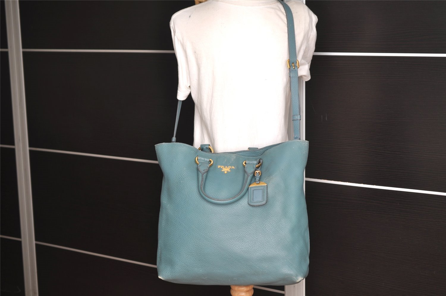 Authentic PRADA Vintage Leather 2Way Shoulder Tote Bag Blue 3221J