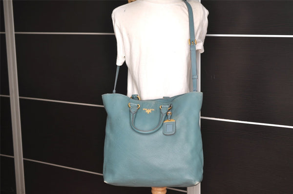 Authentic PRADA Vintage Leather 2Way Shoulder Tote Bag Blue 3221J