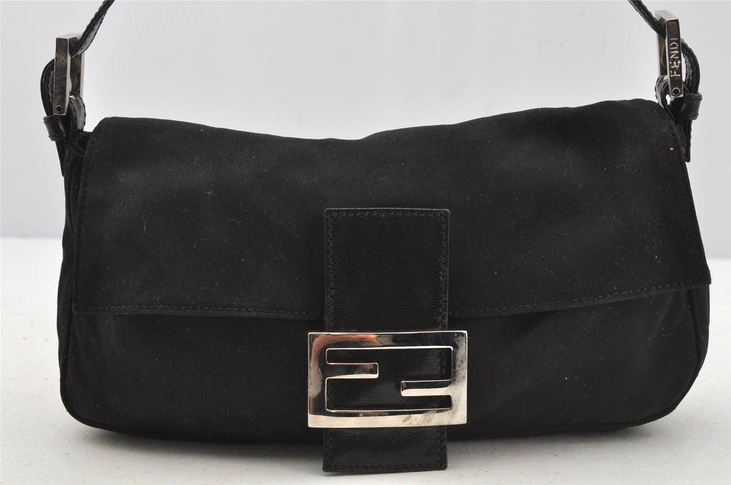 Authentic FENDI Mamma Baguette Shoulder Hand Bag Jersey Leather Black Junk 3225J