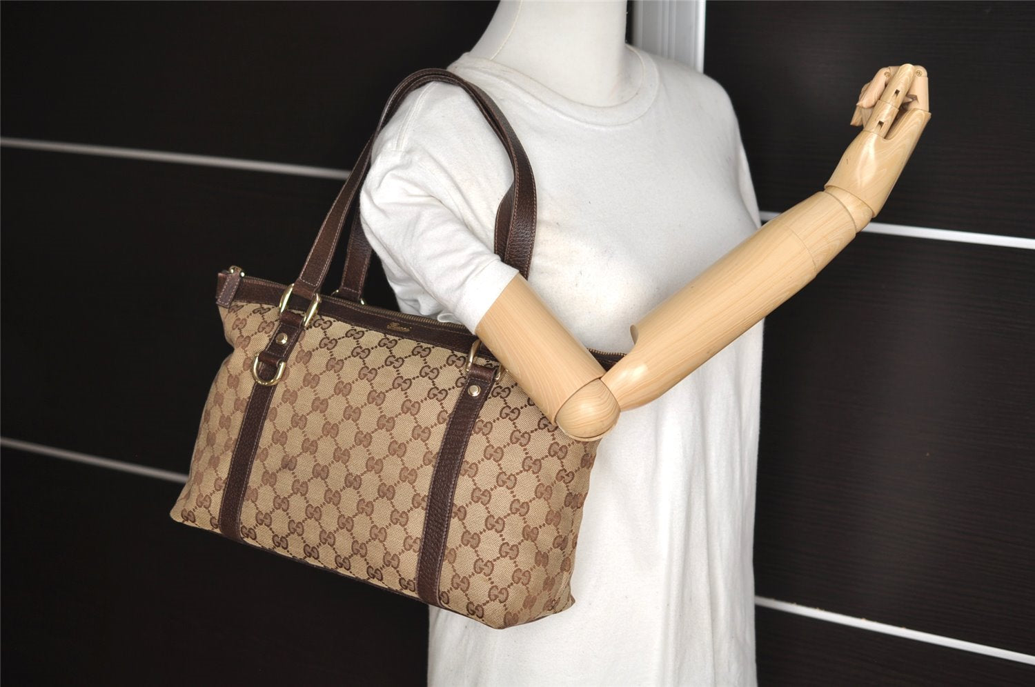 Authentic GUCCI Abbey Shoulder Tote Bag GG Canvas Leather 141470 Brown 3226I