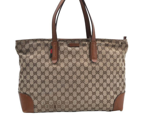 Authentic GUCCI Web Sherry Line Tote Bag GG Canvas Leather 308928 Brown 3234G
