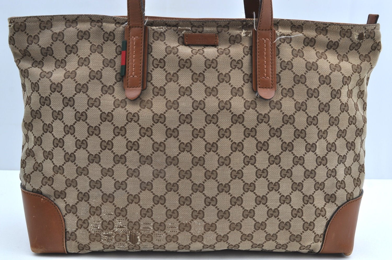 Authentic GUCCI Web Sherry Line Tote Bag GG Canvas Leather 308928 Brown 3234G