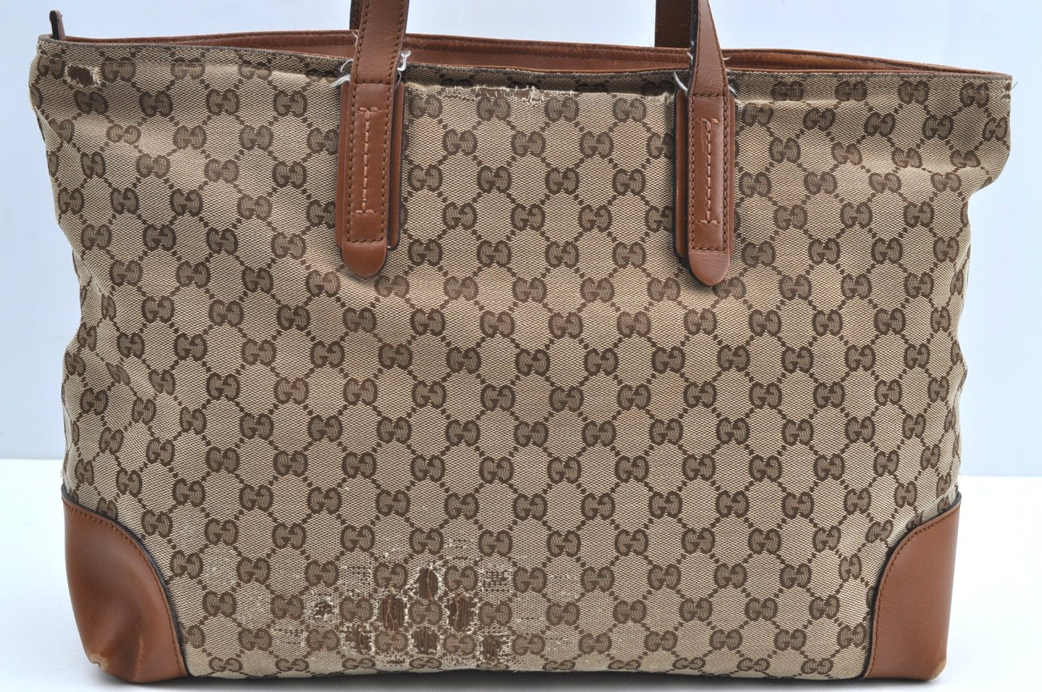 Authentic GUCCI Web Sherry Line Tote Bag GG Canvas Leather 308928 Brown 3234G