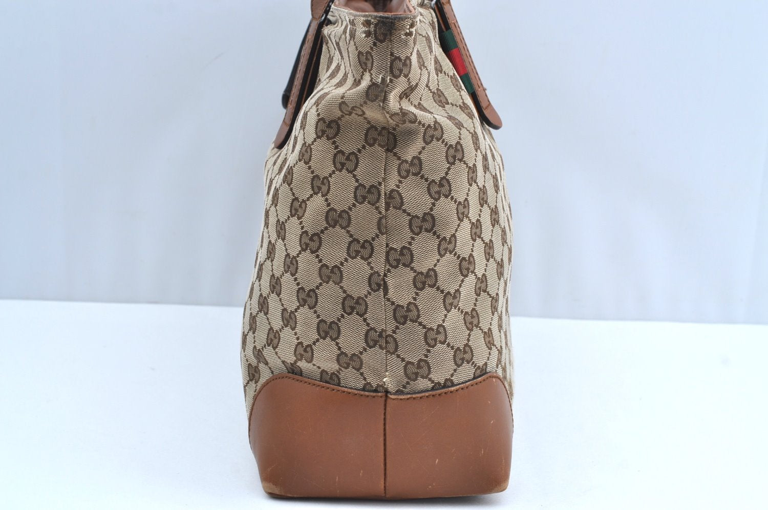 Authentic GUCCI Web Sherry Line Tote Bag GG Canvas Leather 308928 Brown 3234G