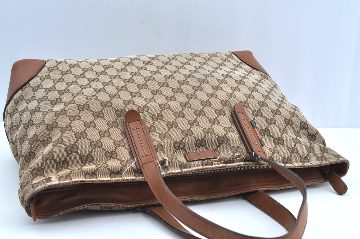 Authentic GUCCI Web Sherry Line Tote Bag GG Canvas Leather 308928 Brown 3234G