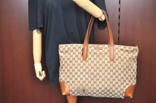 Authentic GUCCI Web Sherry Line Tote Bag GG Canvas Leather 308928 Brown 3234G