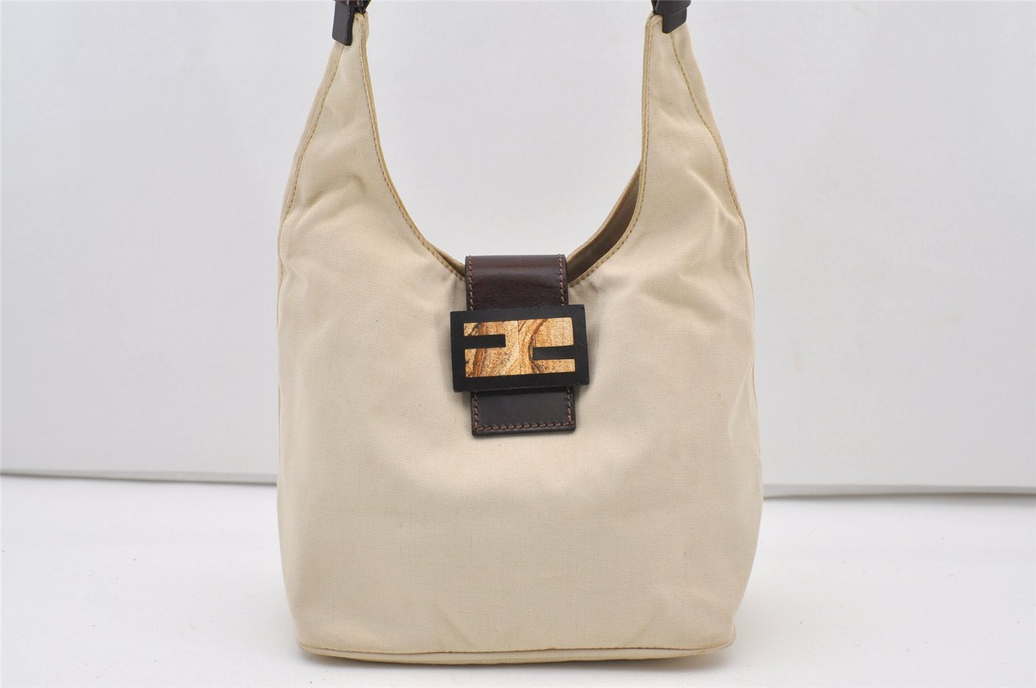 Authentic FENDI Vintage Shoulder Hand Bag Purse Canvas Leather Beige 3236J