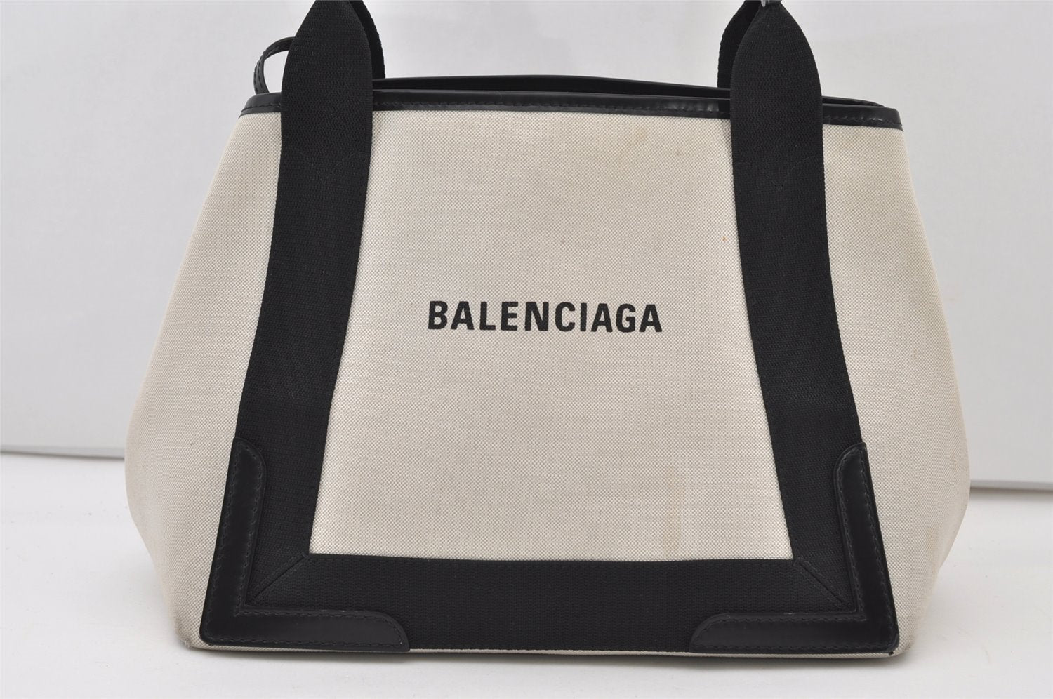 Authentic BALENCIAGA Navy Caba S Hand Tote Bag Canvas Leather 339933 White 3240J