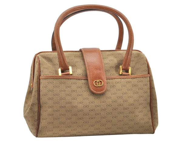 Authentic GUCCI Vintage Hand Boston Bag Purse GG Canvas Leather Brown 3246K