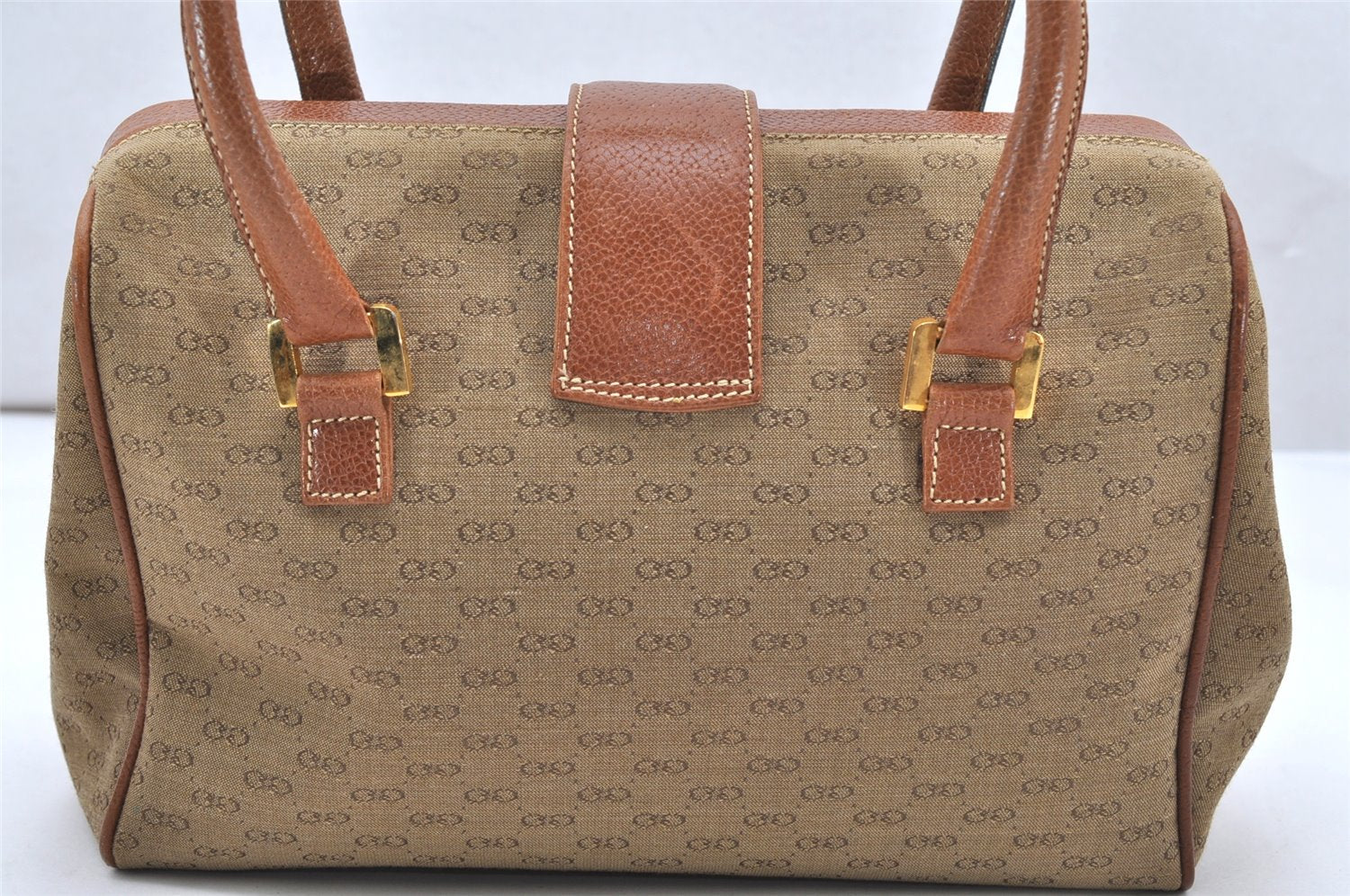 Authentic GUCCI Vintage Hand Boston Bag Purse GG Canvas Leather Brown 3246K