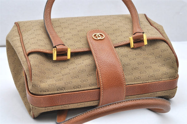 Authentic GUCCI Vintage Hand Boston Bag Purse GG Canvas Leather Brown 3246K
