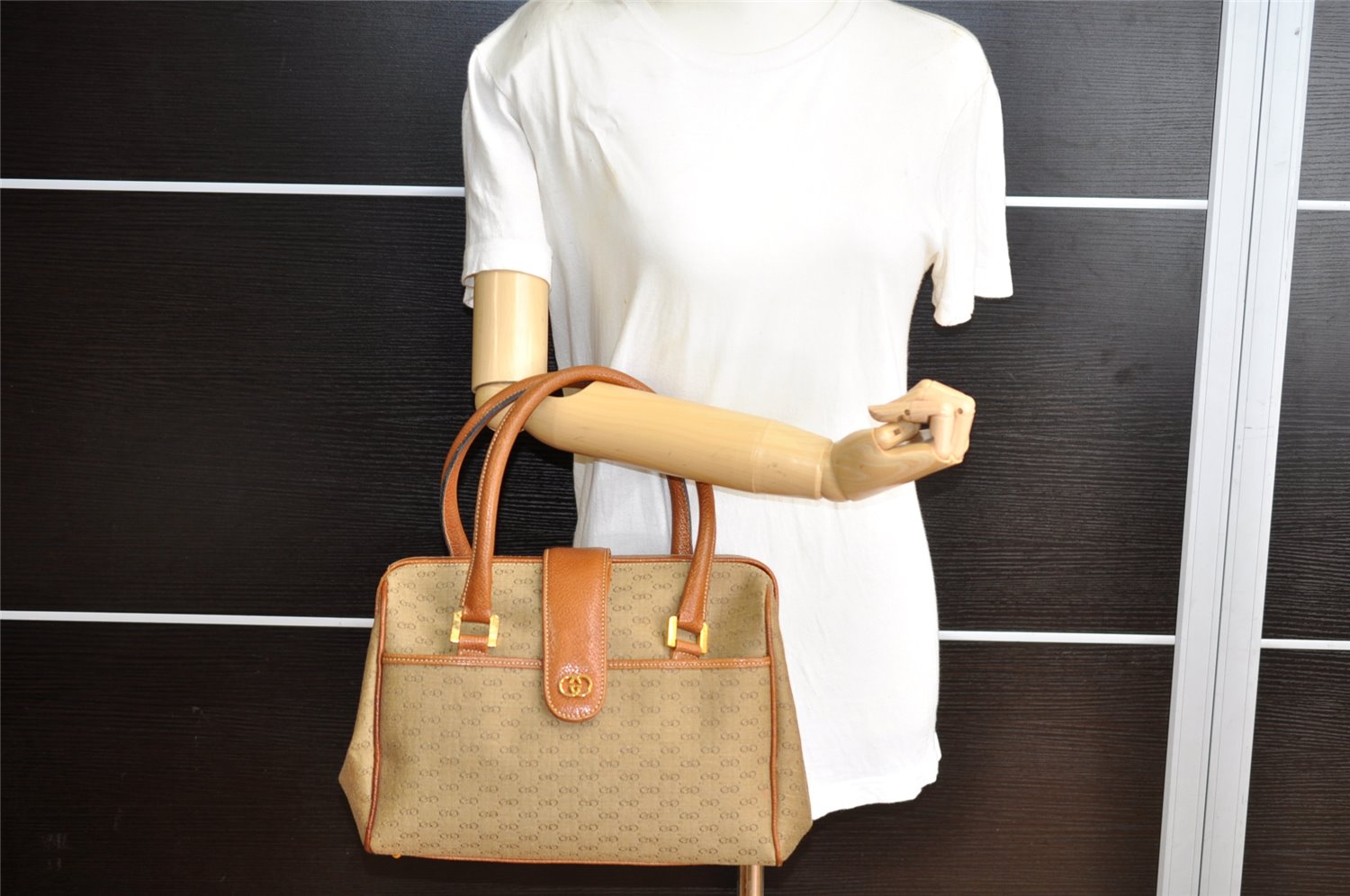 Authentic GUCCI Vintage Hand Boston Bag Purse GG Canvas Leather Brown 3246K