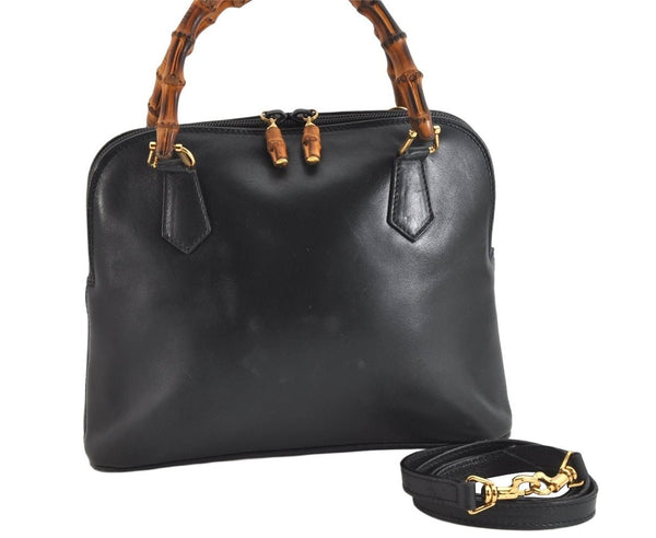 Authentic GUCCI Bamboo 2way Hand Shoulder Bag Purse Leather Navy Junk 3251K
