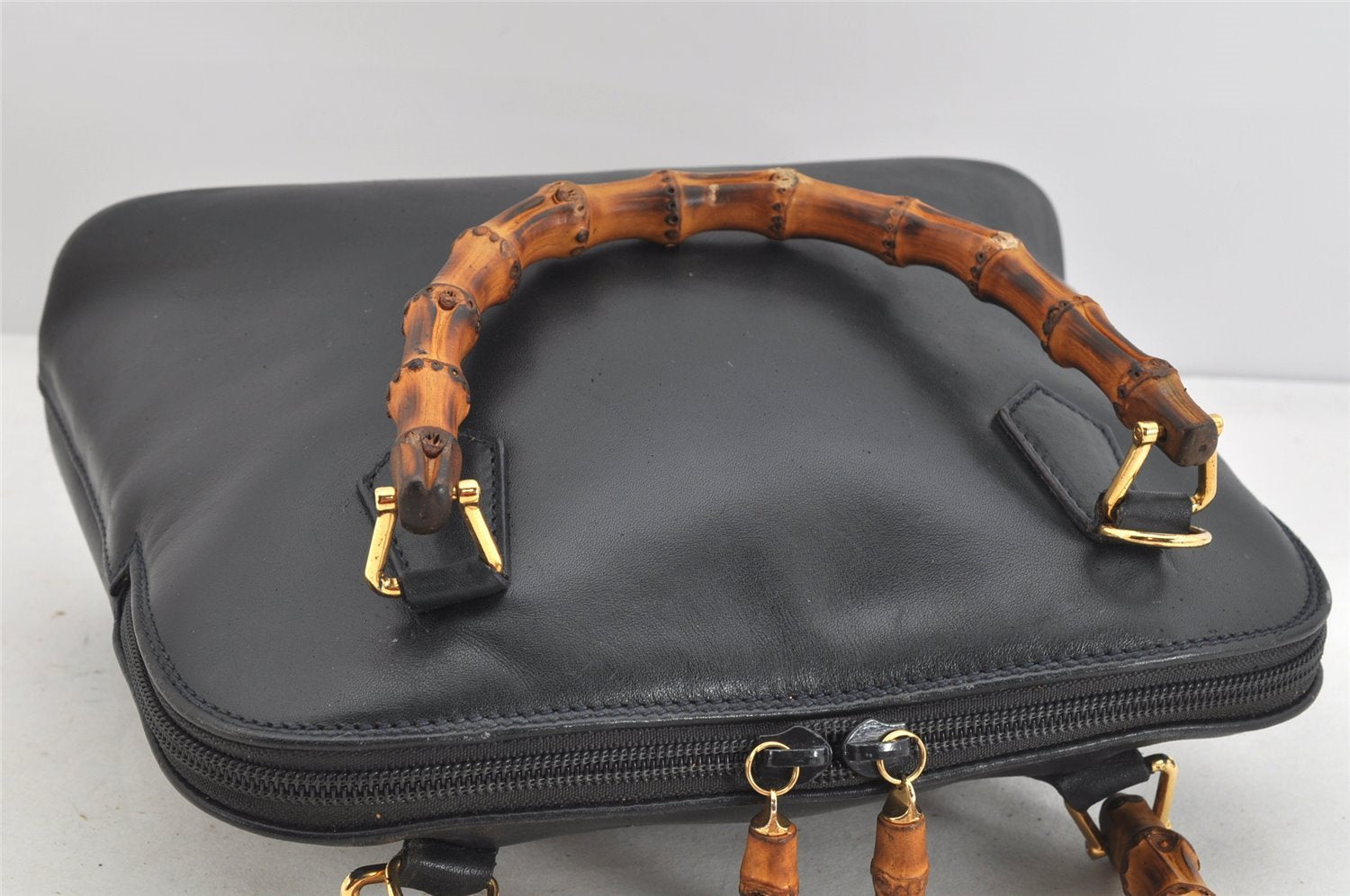 Authentic GUCCI Bamboo 2way Hand Shoulder Bag Purse Leather Navy Junk 3251K