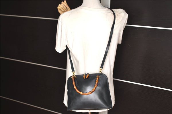 Authentic GUCCI Bamboo 2way Hand Shoulder Bag Purse Leather Navy Junk 3251K