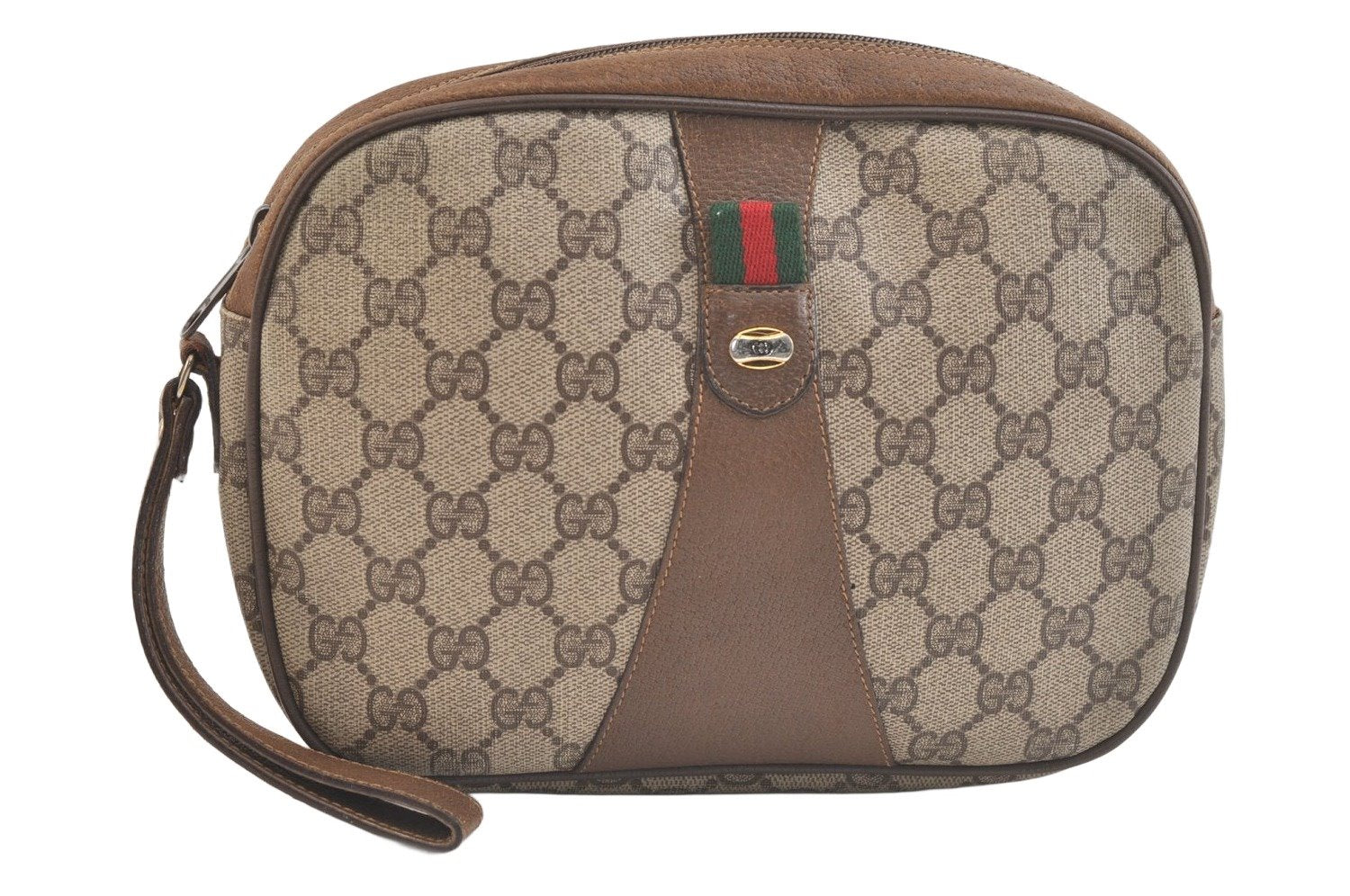 Authentic GUCCI Web Sherry Line Clutch Hand Bag Purse GG PVC Leather Brown 3252K