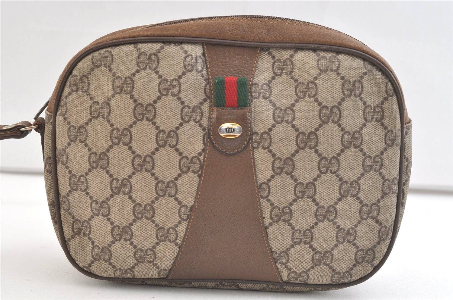 Authentic GUCCI Web Sherry Line Clutch Hand Bag Purse GG PVC Leather Brown 3252K