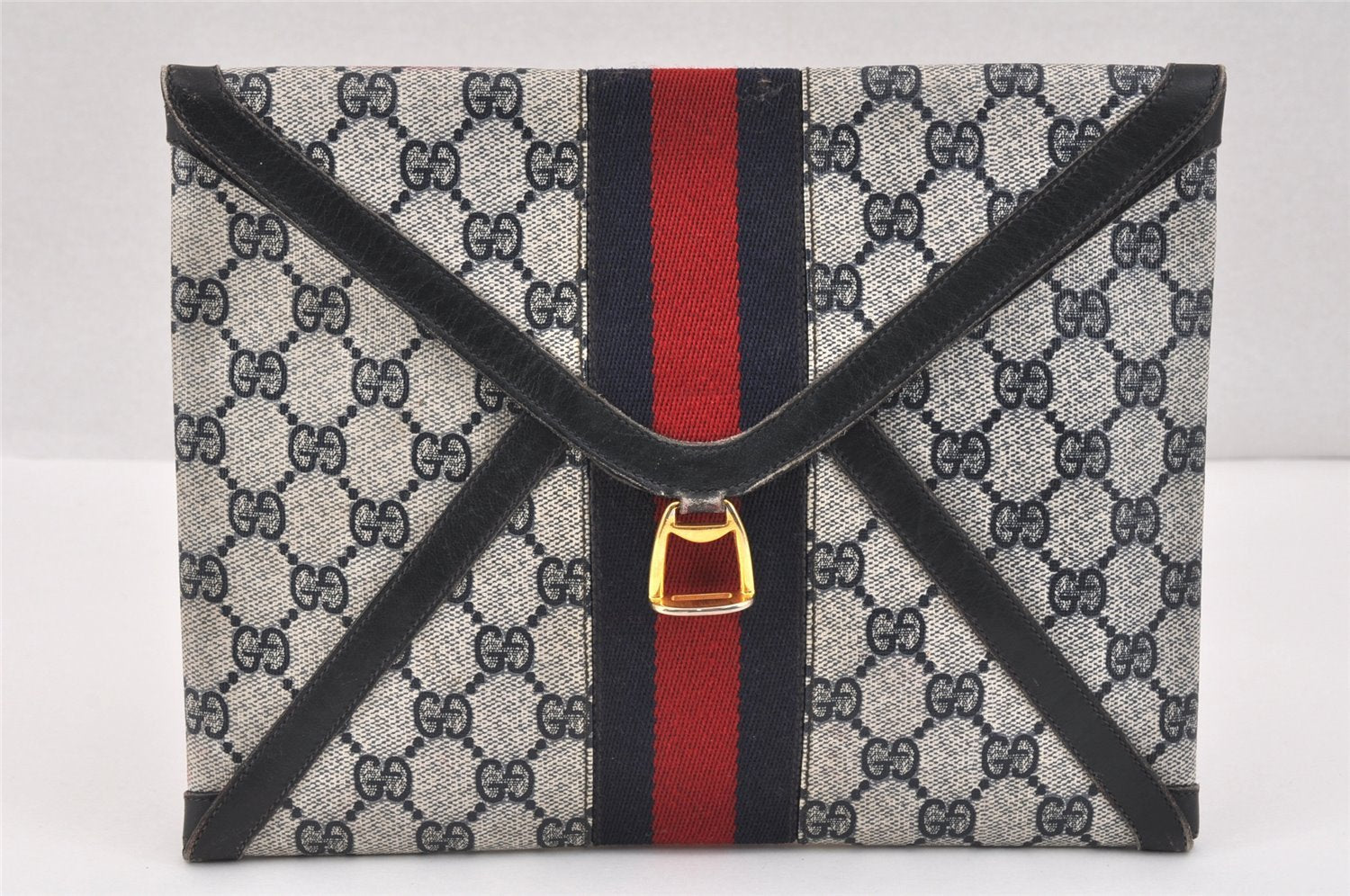 Authentic GUCCI Sherry Line Clutch Hand Bag Purse GG PVC Leather Navy Blue 3254K