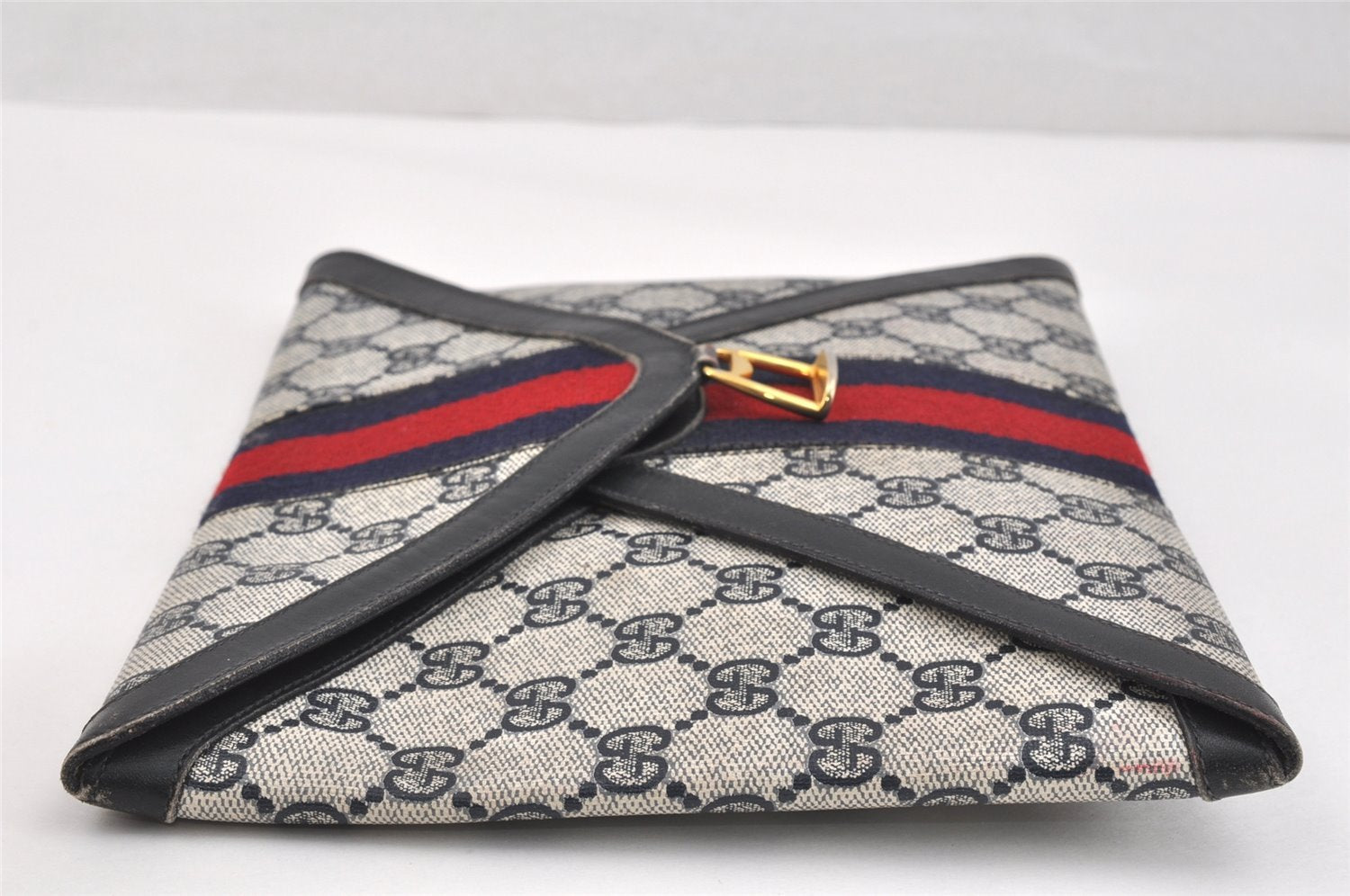 Authentic GUCCI Sherry Line Clutch Hand Bag Purse GG PVC Leather Navy Blue 3254K