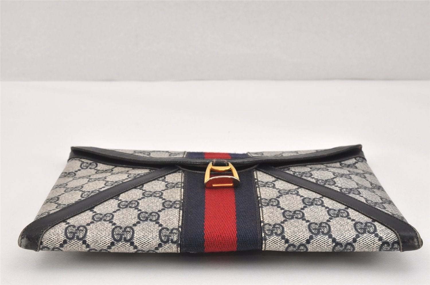 Authentic GUCCI Sherry Line Clutch Hand Bag Purse GG PVC Leather Navy Blue 3254K