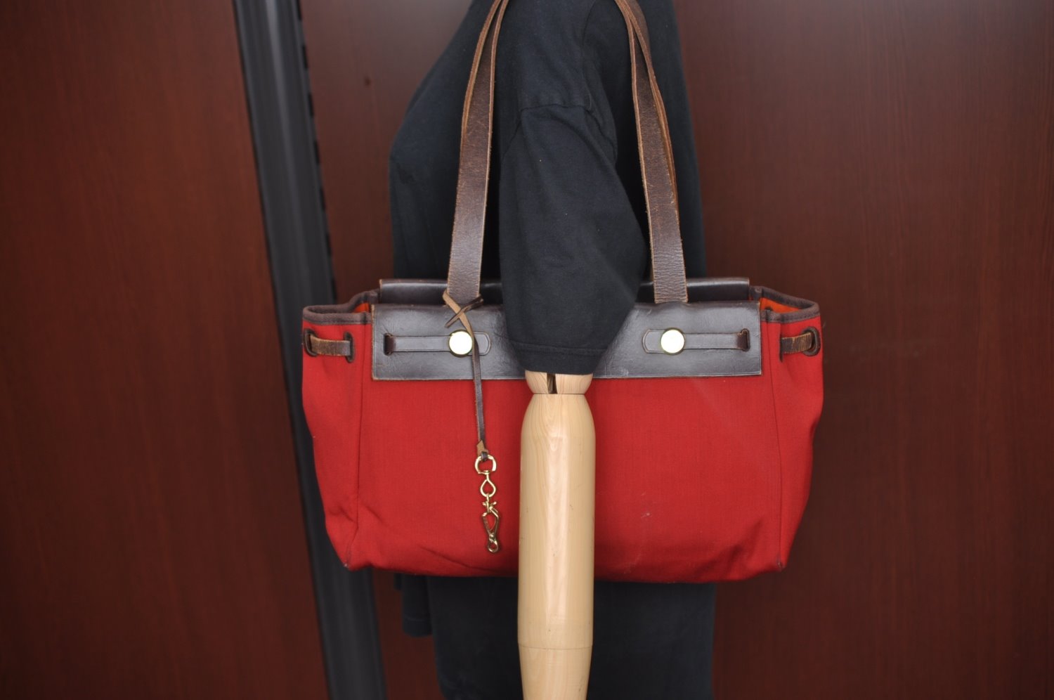 Authentic HERMES Her Bag Cabas PM 2 in 1 Shoulder Tote Bag Red Orange 3255J