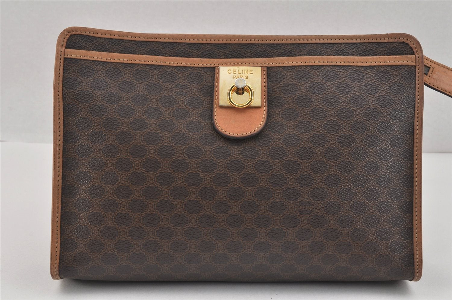 Authentic CELINE Macadam Blason Pattern Clutch Hand Bag PVC Leather Brown 3263K